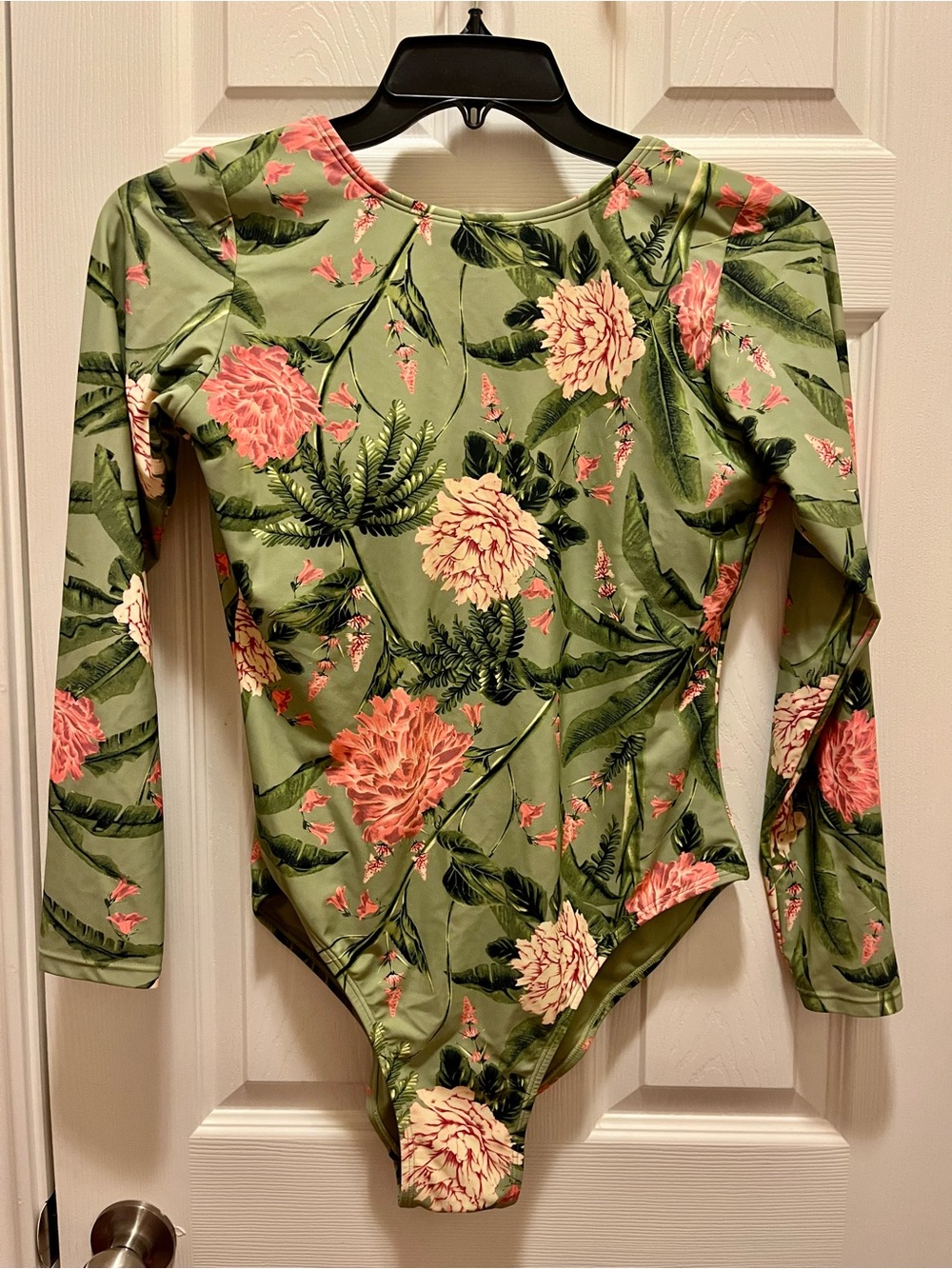 Agua Bendita Floral Long Sleeve One Piece Swimsuit Green Pink Size L